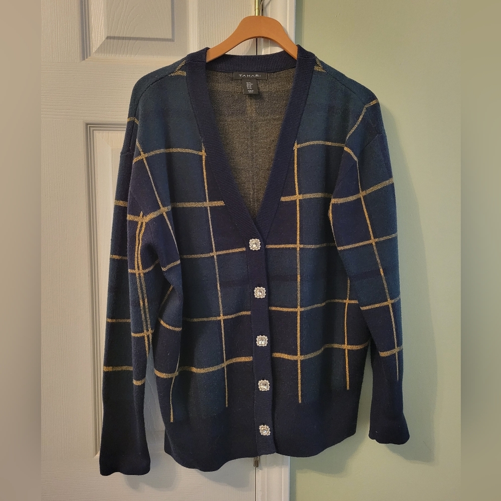 Tahari Plaid Button Up Cardigan Sweater  Medium